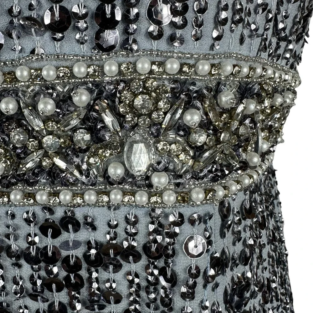MAC DUGGAL 10739 Steel Gray Blue Embellished Sleeveless High Neck Midi Size 10 - Picture 7 of 10